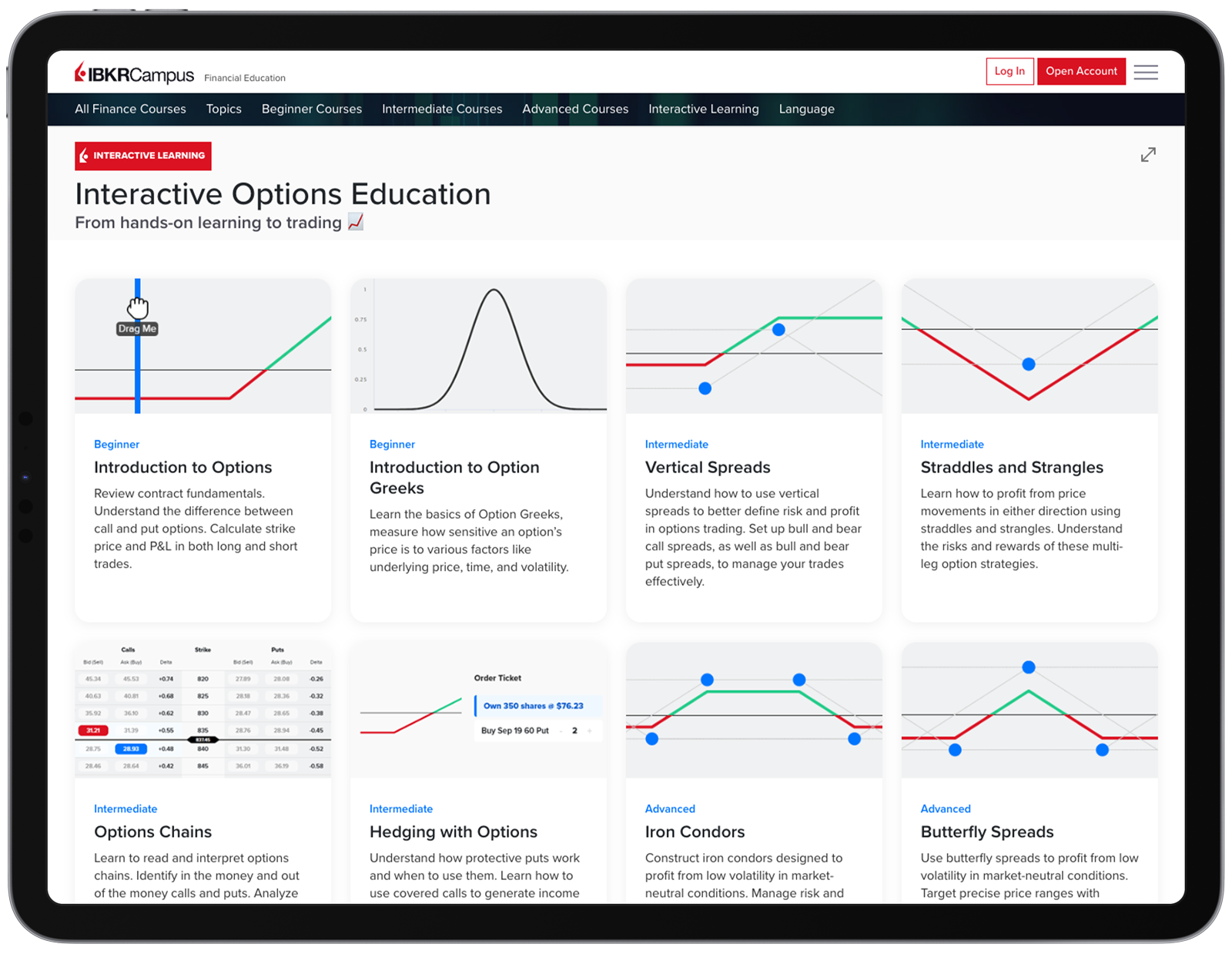 iPad showing IBKR Campus with Options Education